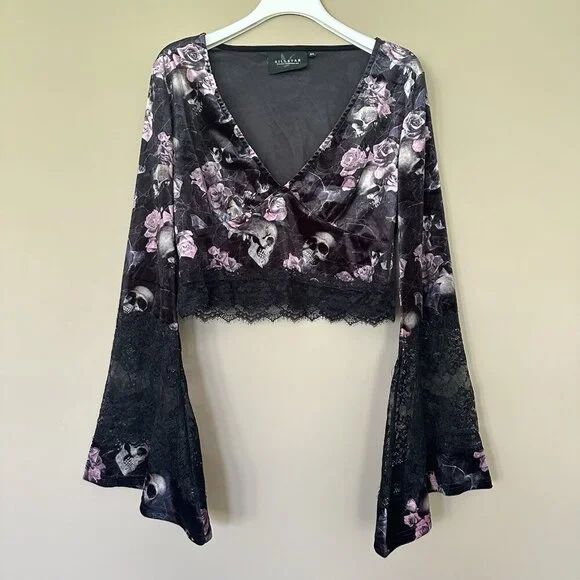 SOLD Killstar Witchy Women XL Velvet Top Bell Sleeve Black Skull Pink Rose Whims - Picture 5 of 11